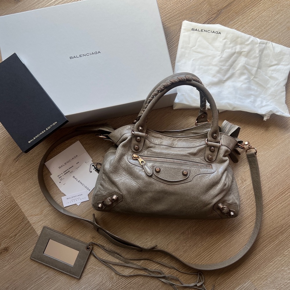 BALENCIAGA Agneau Town Giant Rose Gold Hardware Bag Purse - Papyrus